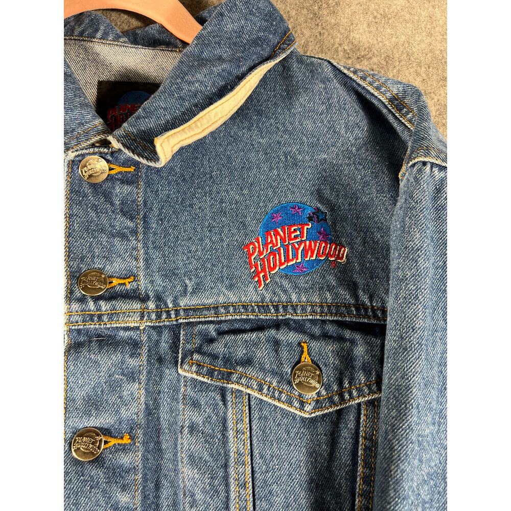 Vintage 90s Planet Hollywood Houston Trucker Jacket Mens M Blue Denim Outdoor - Picture 4 of 7